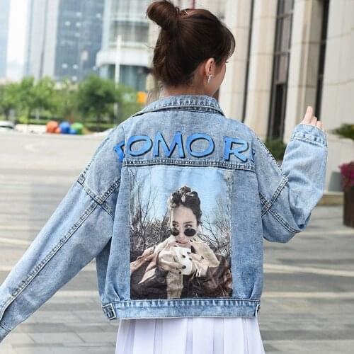 YYCZF Women SP & AU 2021 Loose And Student Fashion 3d Digital Printing Long Sleeve Tall Waist Turn-down Neck Denim Jackets