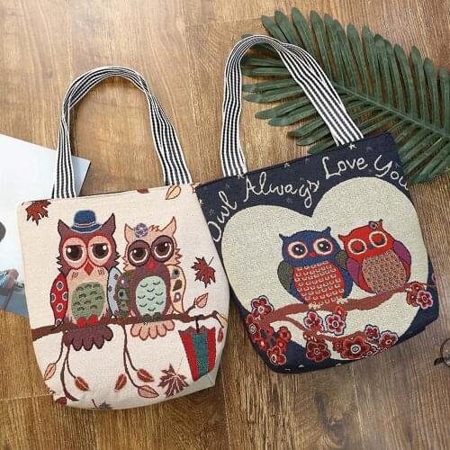 Womens Canvas Shoulder Bags Female Cartoon Owl Handbag Wide Shoulder Strap Bucket Messenger Bag Ladies Large Satchel Tote
