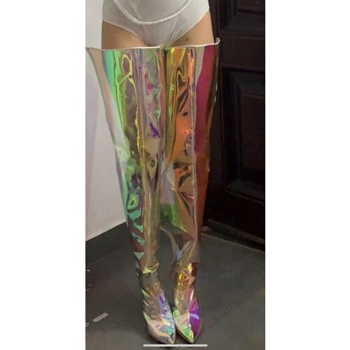 Ladies Bling Laser Colorful PVC Thigh Boots Thin Heels Pointed toe Over The Knee Boots Loose Fit Long Boots Women
