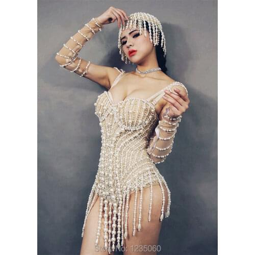 Women Prom Outfit Sparkly Crystals Pearl Bodysuit Costume Nightclub Celebrate Party One-Piece Wear Sexy Crystals Leotard DJ DS