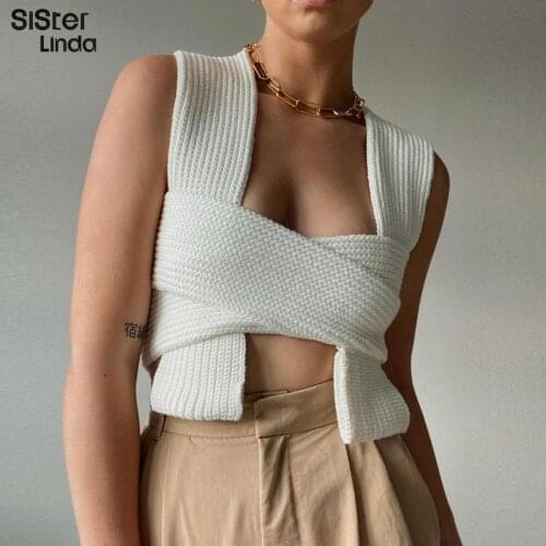 Sisterlinda Solid Black Knitted Y2K Crop Sweater Sexy Summer Fashion Vest Casual White Jumper Top Female Pullover Streetwear2021