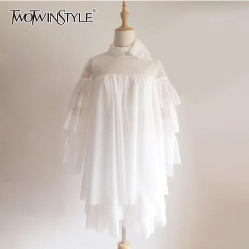 TWOTWINSTYLE Polka Dot Solid Dress For Women Round Neck Long Sleeve Loose Waist Sheer Mesh A Line Mini Dresses Female 2021 Style