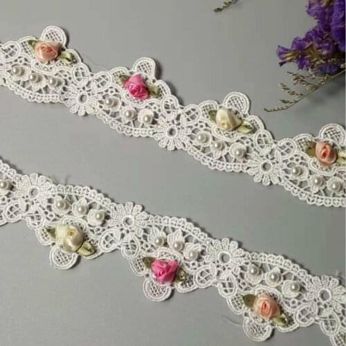 1 Yard Soluble Polyester Pearl Rose Heart Flower Embroidered Lace Trim Ribbon Fabric Handmade Garment Wedding Dress Sewing Craft