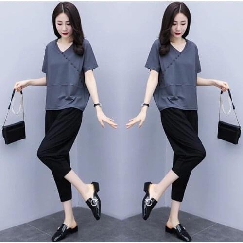 2021 Summer Casual Fashion Suit Short-sleeve V-neck Top + Nine-point Harem Pants Suits Cotton Two-piece Set Womens Outfits Y767
