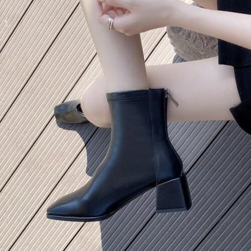 Beige Thick-Heeled Short Boots Spring Mid-Heel All-Match Small Fragrant Wind Thin Boots Plus Cashmere Square Toe Womens Shoes