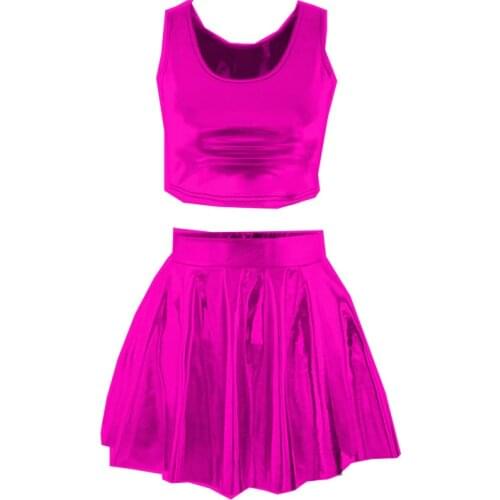 19 Colors Lady Sexy Nightclub 2 Piece Set Sleeveless Crop Top Shiny Pleated Mini Skirt Street Dancing Costume Fashion Stage Suit
