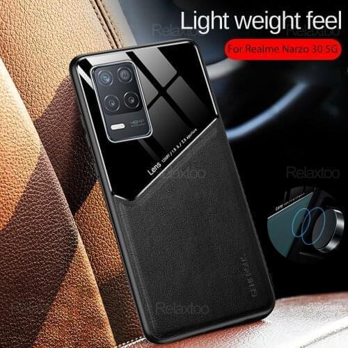 Leather Texture Car Magnetic Holder Case For Realme Narzo Narzo30 30 5G Silicone Frame Hard PC Back Cover Realmi Narzo 30 6.5