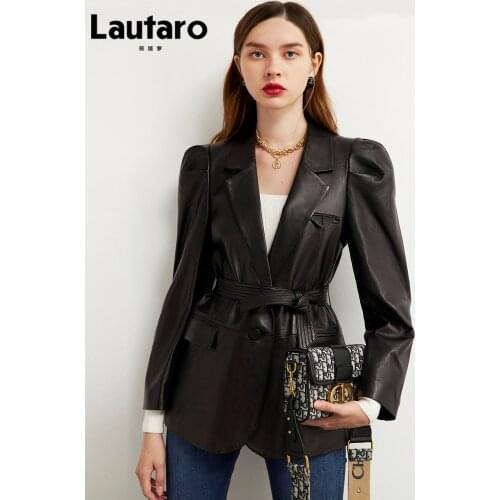 Lautaro Autumn Black Light PU Leather Blazer Women Long Puff Sleeve Belt Lapel Designer Korean Style Fashion 2021 Stylish Jacket