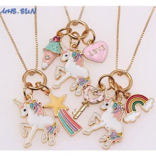 MHS.SUN Child Unicorn/Key/Rainbow Charm Pendant Chain Necklace Fashion Zinc Alloy Jewelry Girls Kids Chain Necklace