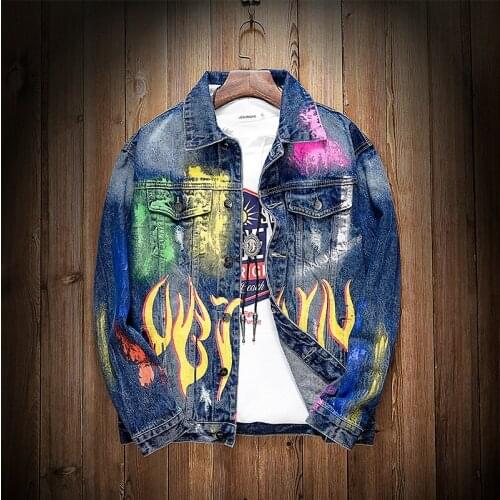 Denim Racer Jacket New 2021 Mens Ripped Korean Punk Winter Jacket Hip Hop Printed Patchwork Hole Jean Men Jackets Japanese Coat