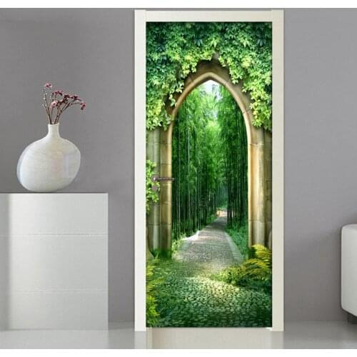 3D Extended Space Bamboo Forest Small Road Scenery Poster Door Sticker PVC Creative DIY Self-adhesive Wall Mural Papel De Parede