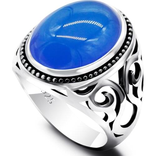 Real Pure Silver Blue Agate Stone Ring 925 Sterling Silver Mens Rings Natural Agate Stone Vintage Cool Fashion Turkey Jewelry