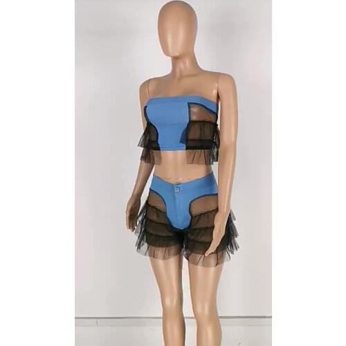 New Arrival Woman Summer Two Piece Jeans sets 2 Piece Crop Top and Shorts Pacthwork Women Short mesh Jeans Denim Short sets E535