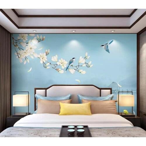 Custom mural wallpaper 3D Chinese hand-painted yulan gongbi flowers and birds background wall decoration painting