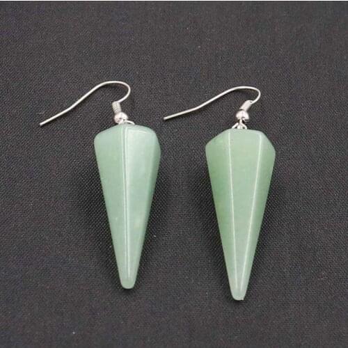 YJXP Silver Plated Hexagon Pyramid Natural Green Aventurine Earrings For Women Jewelry