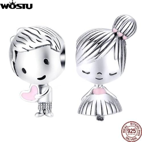 WOSTU New Arrival 925 Sterling Silver Boy & Girl Beads Friendship Charms Fit Original Bracelet Pendant Couple Jewelry DXC1334