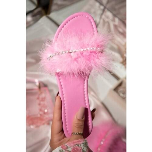Cute Diamond Slipper for Women Sweet Furry Flats Sandals Bling Rhinestone Fur Shoes Slip-on New Flip flop Black Pink Brown