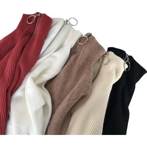 Casual Zipper Sweater Women Half Turtleneck Solid Autumn Female Knitted Sweater Pullovers Long Sleeve Chic Soft Jumper Tops Sexy