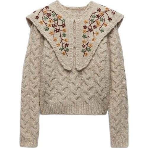 Za Women Embroidery Applique Knit Sweater 2020 Long Sleeve Vintage Floral Pullover Knitted Top Female Winter Embroided Sweaters