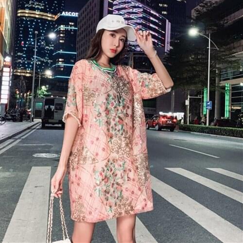 Fashion Brand 2021 Summer New Loose Large Size TShirt Tops Women Sequined Lace Embroidery Tees Thin Short-Sleeved Long T-Shirt