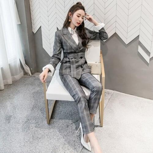 2020 Autumn Winter New Office Elegant Double Breasted Plaid Two Pieces Set Blazer + Pants Suit Women Business Work Suit Female