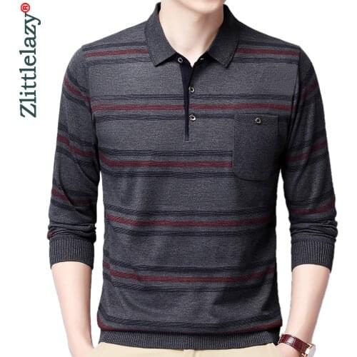 2021 Pocket Long Sleeve Polo Tee Shirt Men Casual Striped Mens Clothing Polos Shirts Mens Fashion Slim Fit Poloshirt Tops 4599