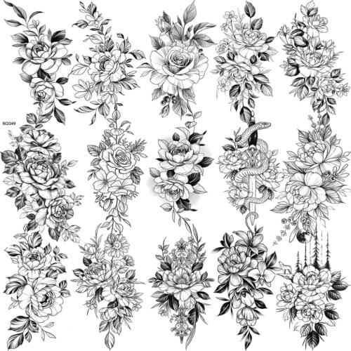 3D Realistic Rose Peony Flower Temporary Tattoos For Women Adult Girl Snake Sword Fake Tattoo Neck Arm Hands Calf Small Tatoos