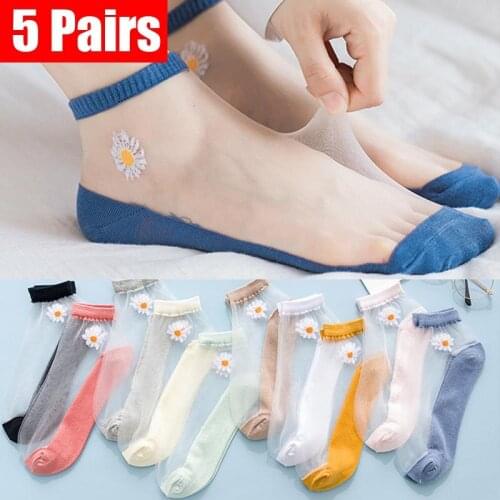 5Pairs/Pack Women Socks for summer Ultra-thin Transparent Cass Glass fiber Silk Socks Fashion daisy Flower Japan Ankle Socks