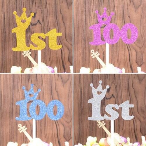 5pcs Baby Shower 1st Cupcake Topper Gold Glitter Crown 100 Days Cake Topper Flags For Baby First Birthday Party Cake Decorations