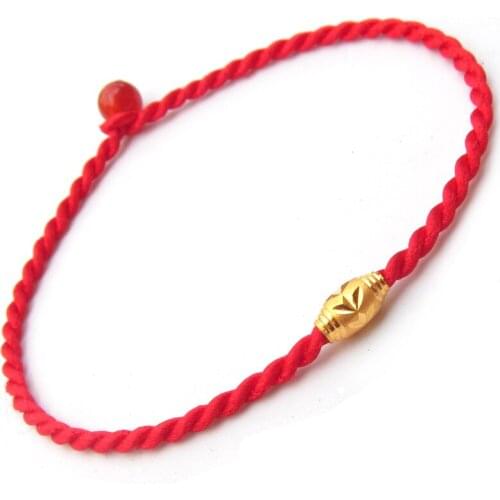 999 24K Yellow Gold Bracelet Real Gold Oval Bead Charms For Women Female DTY Weave Knitted Red Rope Bracelet Best Gift Jewelry