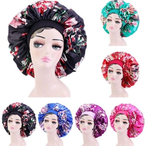 Satin Sleep Cap Women Large Flower Print Hair Bonnet Night Caps Turban Elastic Band Head Wrap Stretch Hair Care Hat Shower Caps