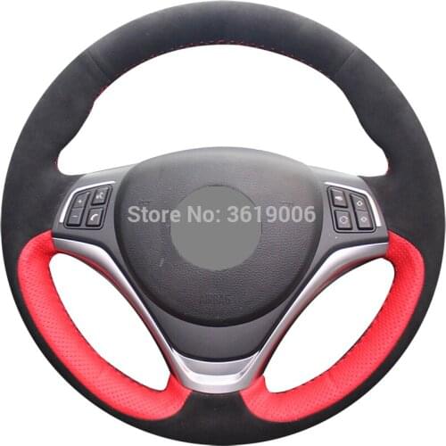 For BMW X1 2014 2015 Hand-stitched Anti-Slip Black Suede Red Leather DIY Steering Wheel Cover