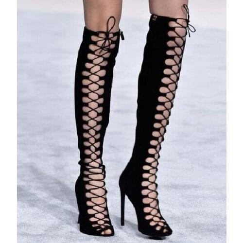 Black suede cut-outs lace up knee high boots peep toe side zipper super high heels cross-tied spring summer gladiator long boots