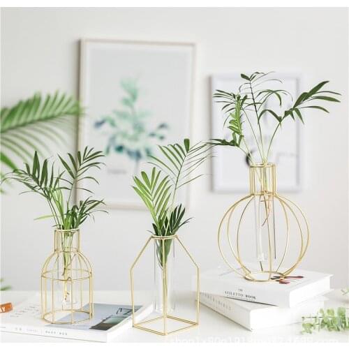 Geometric Alloy Glass Vase Living Room Modern Tabletop Vase Simple Iron Art Flower Christmas Bottles Home Deco