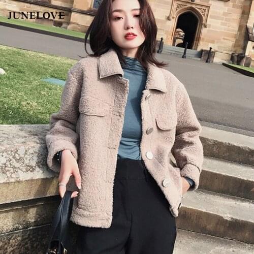 JuneLove Women Winter Warm Faux Fur Coats Vintage Single Breasted Female Loose Jacket Casual Street Lady Pockets Teddy Bear Coat