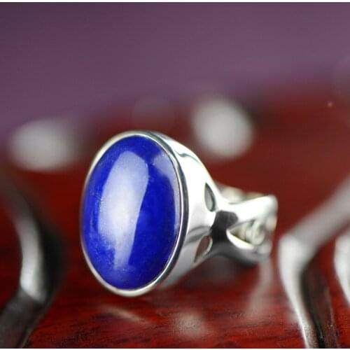 2018 new S925 silver inlaid Thai silver ring, natural Afghan lapis, oval ring, male silver ring