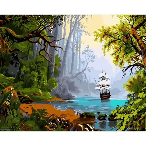 MaHuaf-i043 Landscape Of Lake boat forest coloring by numbers digital oil paintings on canvas wall decorations for living room