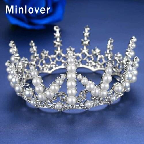 Minlover Silver Color Simulated Pearl Women Crown Crystal Tiara Statement Bridal Wedding Hair Accessories Jewelry 2019 New HG131