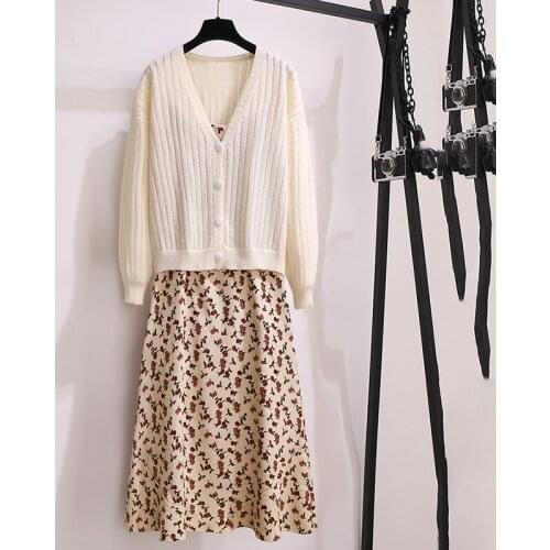 2021 Autumn New Fashion Womens Elegant Fioral Sling Dress Suit Hollow Knit Cardigan Top 2-Piece Ladies Suits s1183