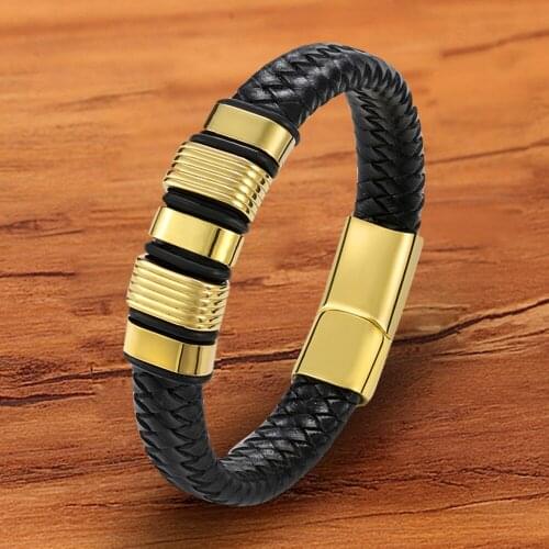 Charm Luxury Magnetic Rope Woven Hand Layered Accessories Black Genuine Gold Leather Bracelet For Men friendship Gift