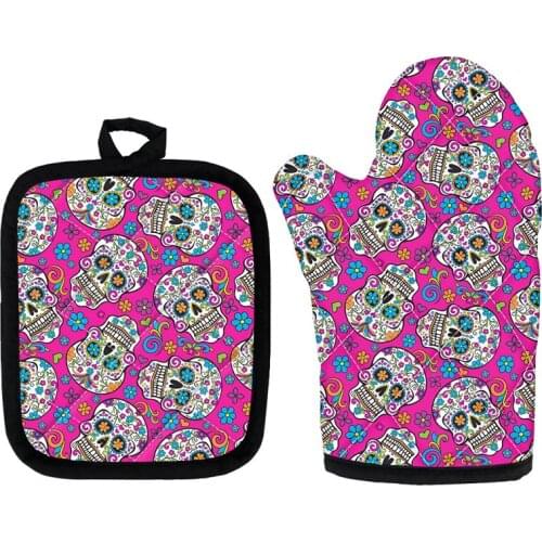Purple Sugar Skull Printing Microwave Oven Glove Heat Resistant Cotton Material 2pcs Mitten and Pad Home Kitchen Accessories