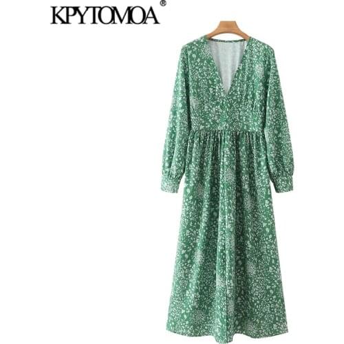 KPYTOMOA Women 2021 Fashion With Buttons Floral Print Pleated Midi Dress Vintage V Neck Long Sleeve Female Dresses Vestidos Muje