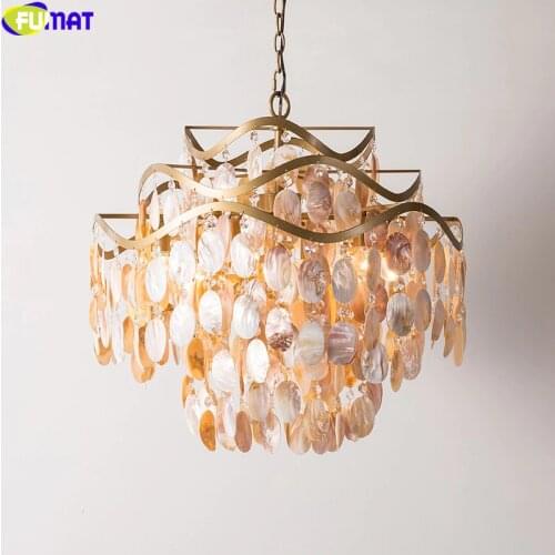 FUMAT Crystal K9 Shell Conch Pendant Lamp Americal Style Chandeliers Hanging Lights Fixture LED Multilayer Home Decor Gold Frame