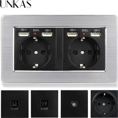 UNKAS Black EU French Socket Dual USB Port + TV RJ11 Telephone RJ45 Internet Computer Jack 146mm * 86mm Stainless Steel Panel