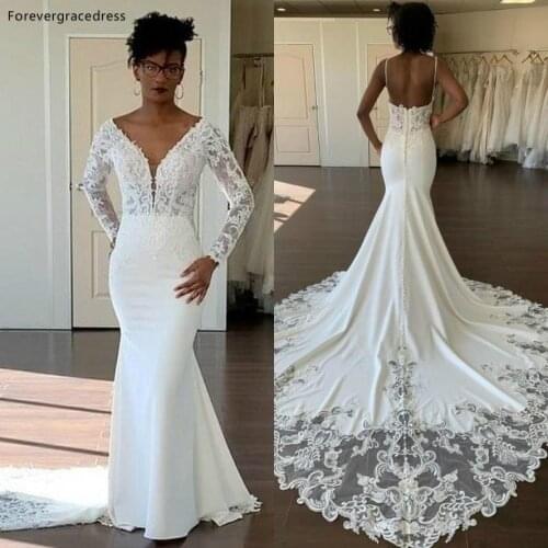 High Quality White Colour Wedding Dresses V Neck Lace With Long Sleeves Backless Bridal Gowns Plus Size