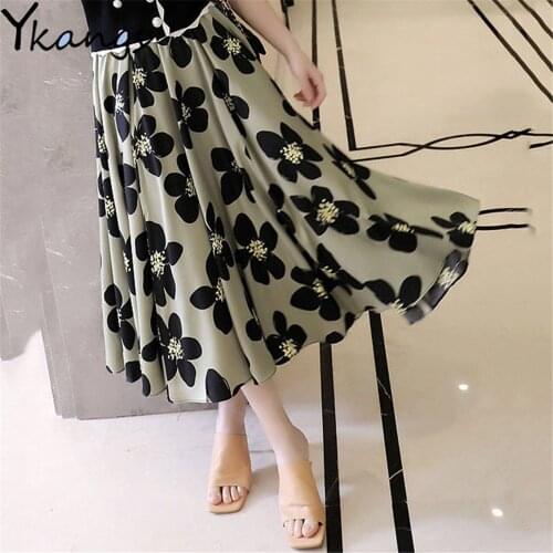 Elegant Printed Pleated Skirts Office Ladies Wild Daily Long A-Line Skirts Women Summer High Waist Korean Fashion Streetwear