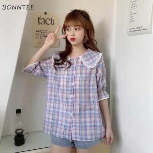 Shirts Women Sweet Peter Pan Collar Mujer Top Flare Sleeve Kawaii Plaid Lovely Single Breasted All-match Spring Clothes Harajuku