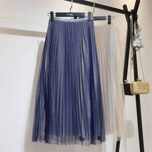 Ladies mesh crease skirts autumn fashion new gradient pleated sweet gauze skirt wild fairy long skirt elastic waist