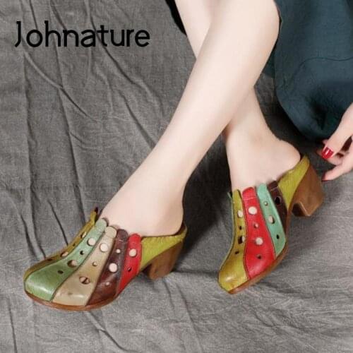 Johnature Women Slippers Genuine Leather 2020 New Summer Women Shoes Sewing Slides Colorful Hollow Handmade Ladies Slippers