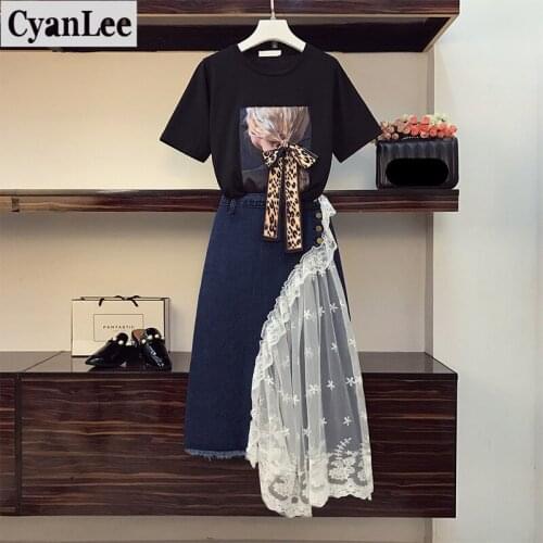 Plus Size Suit 2 Piece Set Sweet Women Summer 2020 Print Bow Loose Black T-shirt Tops + Lace Patchwork Denim Skirt Ladys Set 4XL